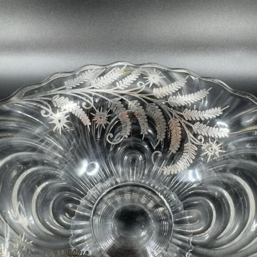 Vintage Cambridge Clear Glass Caprice Bowl Dish Handles‎ Silver Overlay Flower